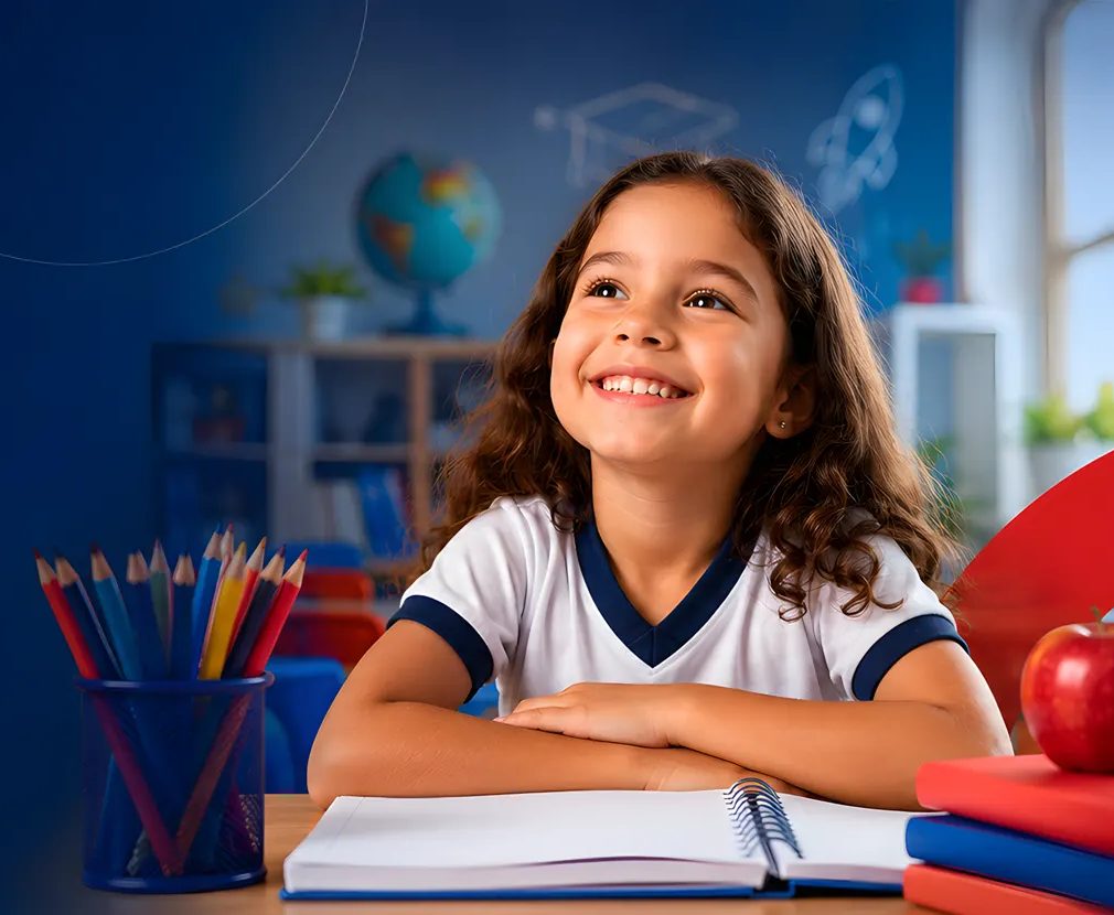 Aluna sorridente em sala de aula, com livros e lápis sobre a mesa