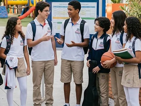 Alunos dos Anos Finais conversando na entrada do colégio
