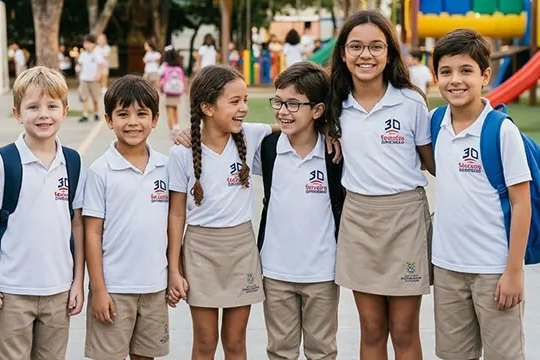 Alunos dos Anos Iniciais do Colégio Terceira Dimensão sorrindo no pátio
