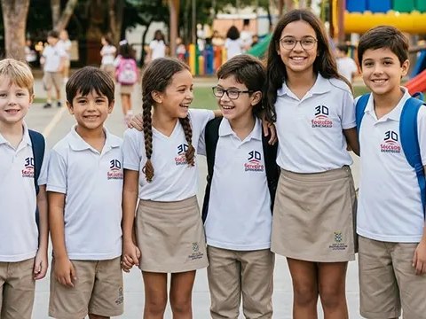 Alunos dos Anos Iniciais sorrindo no pátio do colégio
