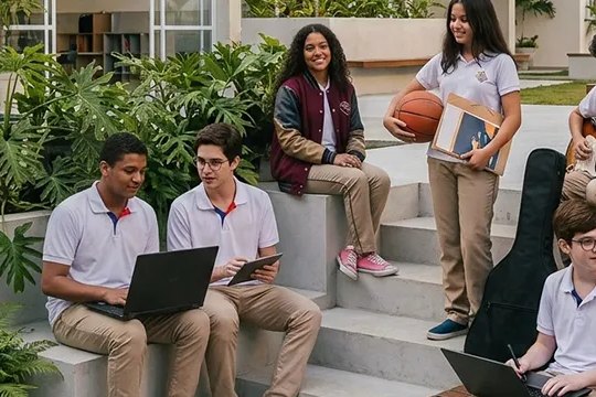 Alunos do Ensino Médio do Colégio Terceira Dimensão estudando na área de convivência