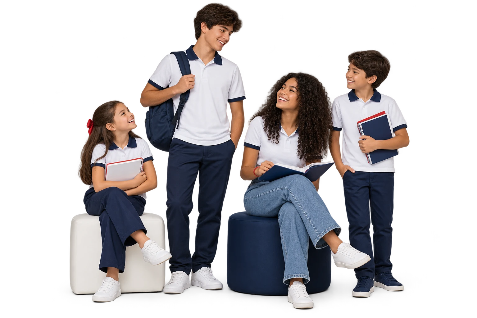 Composição ilustrativa de quatro estudantes conversando com livros e cadernos