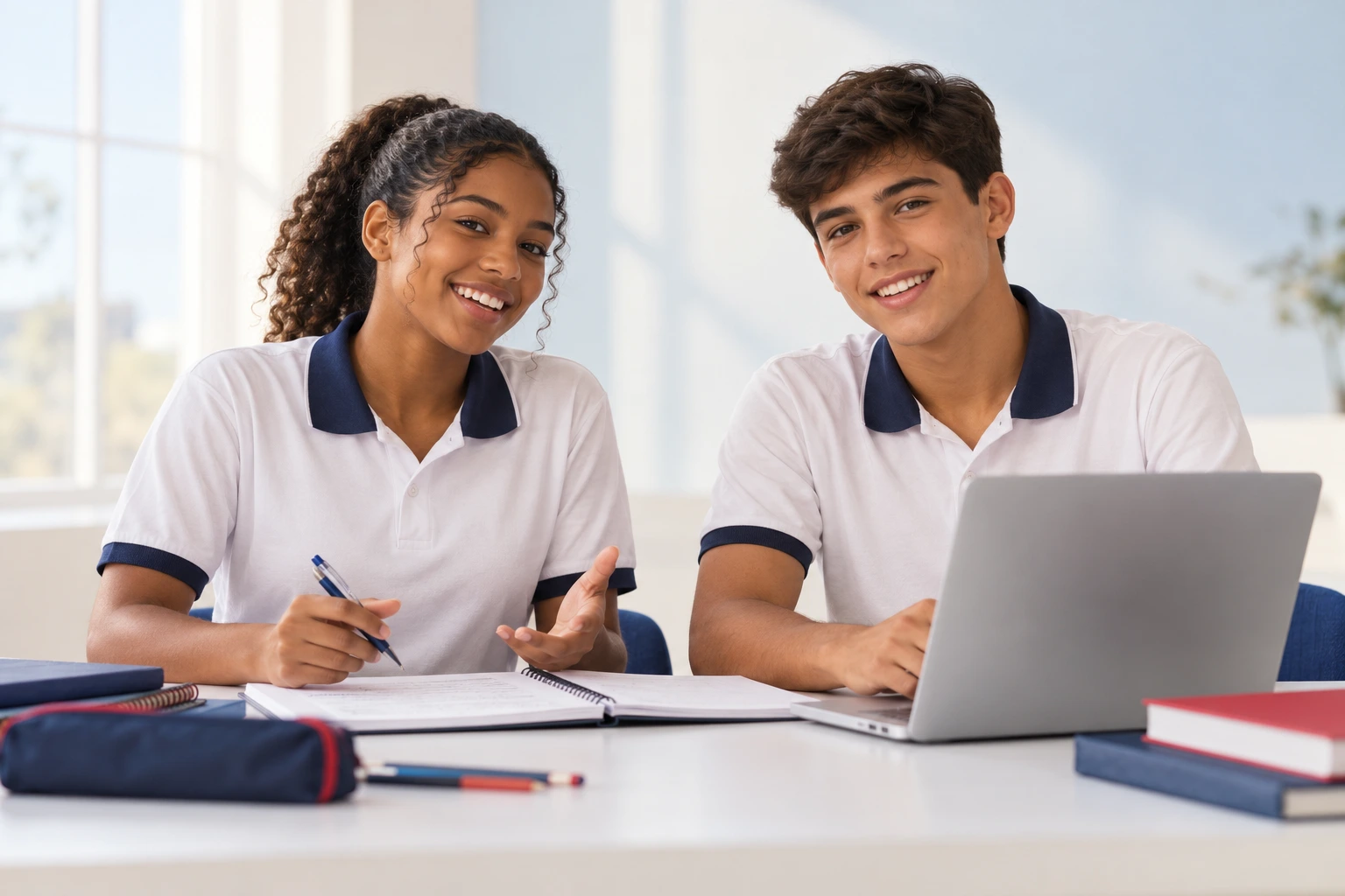 Jovens estudando com caderno e computador — imagem ilustrativa do Ensino Médio