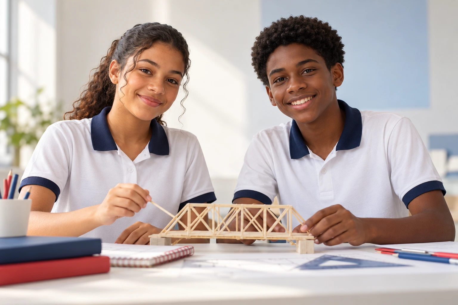 Estudantes construindo uma ponte em equipe — imagem ilustrativa do Fundamental II